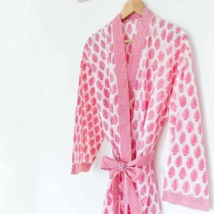 Damen Morgenmantel Kimono rosa leafs von