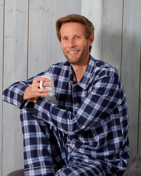 Herren Pyjama blau kariert Flanell von 2